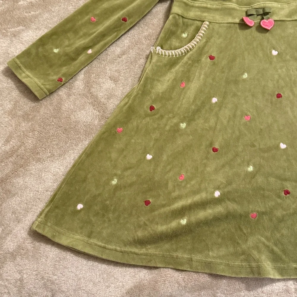 Gymboree Girls Olive Green Velour Hooded Heart Dress Long Sleeve Size 6